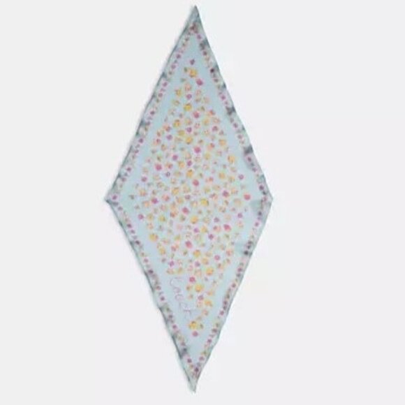 Coach Tea Rose Print Silk Diamond Scarf NWT in Packaging BLUE AND SOFT PINK - Picture 1 of 4